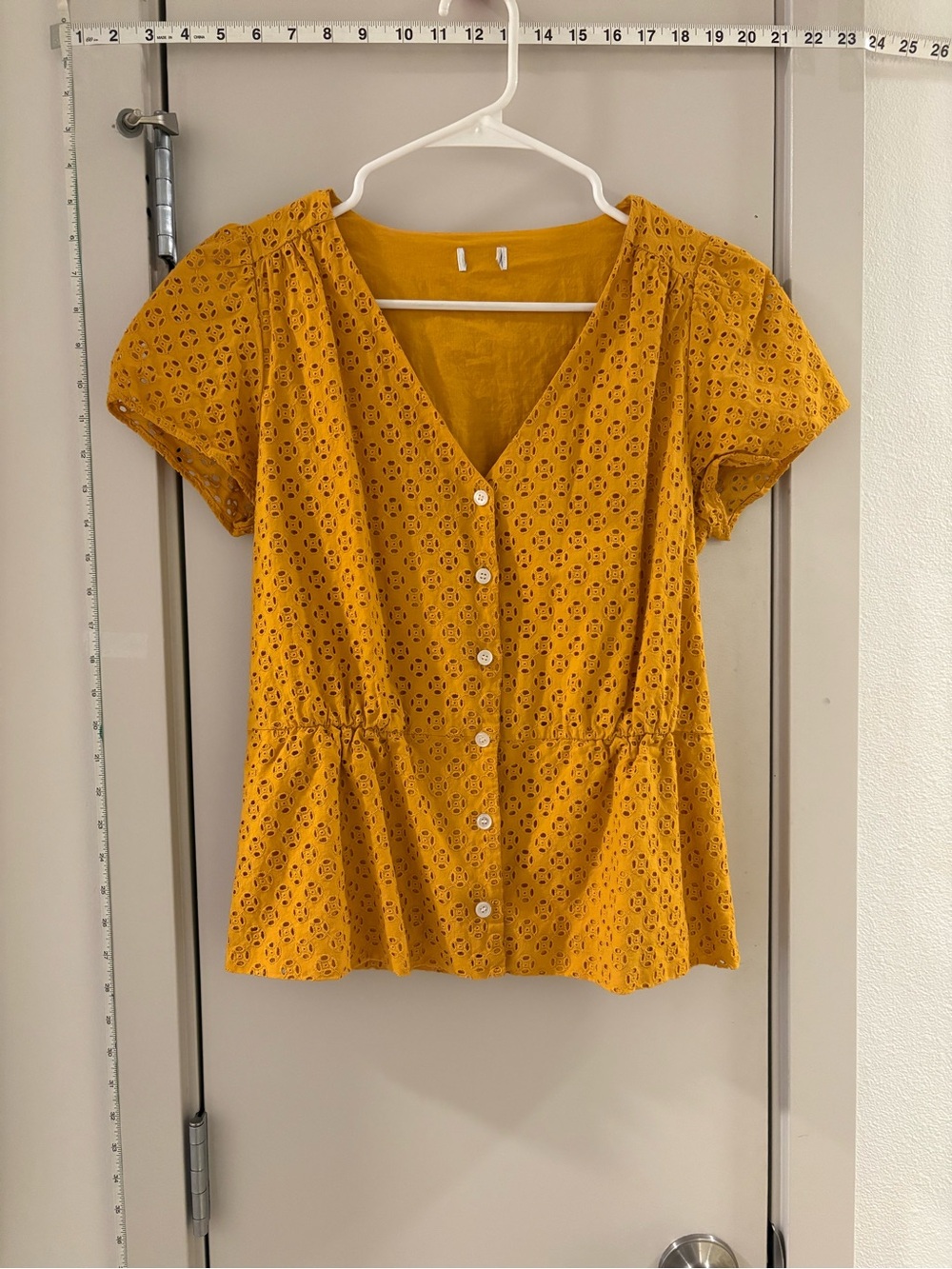 LOFT Mustard Yellow Eyelet Button-Front Peplum Top